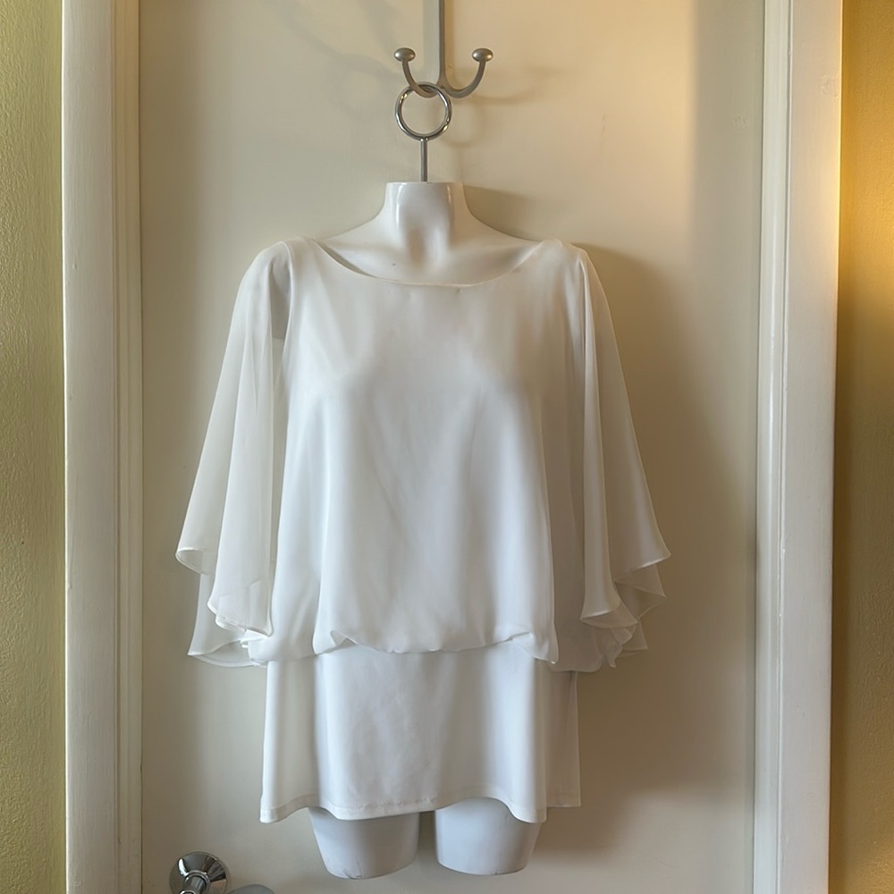 Coco Bianco Ivory Chiffon Banded Blouson Dolman Sleeve Shirt / Blouse / Top.